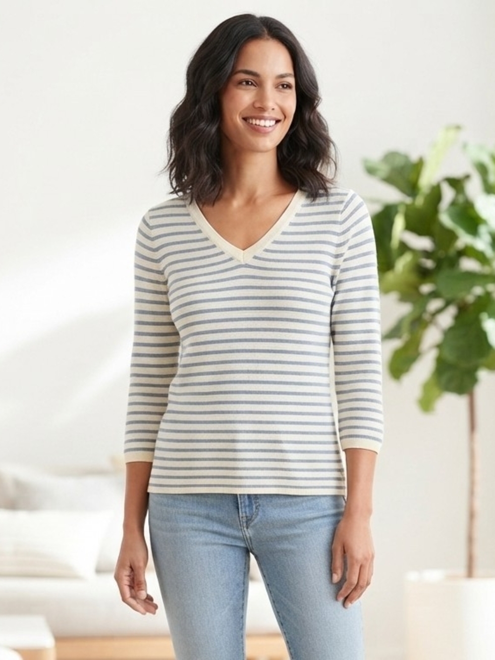 LOFT Outlet Blue White Striped V-Neck 3/4 Sleeve Cotton Top Size Large (L) - UEC